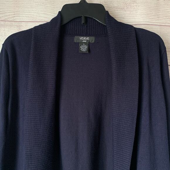 Verve Ami Navy Blue Cardigan Sweater Open Front Elbow Length Sleeves Size Small - Picture 2 of 13